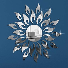 YANXI Sunflower Mirror Wall Stickers Decor, Round Acrylic DIY Self-Adhesive Wall Art Decals Miroir Mural Home Decorations for Living Room, Bedroom, TV Background Home Decor (Silver)