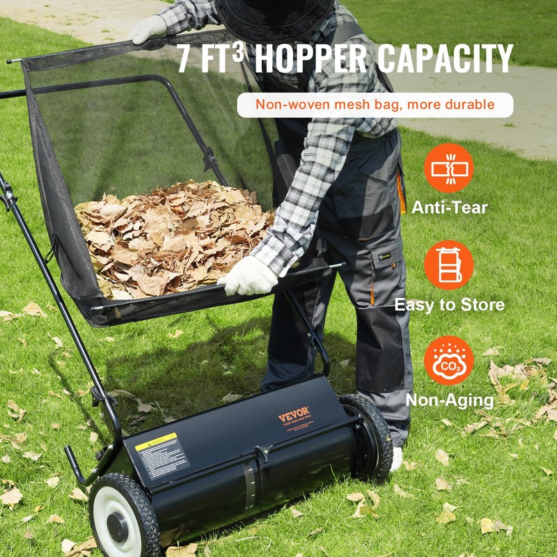 VEVOR Push Lawn Sweeper, 26 Inch Leaf & Grass Collector,