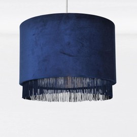 firstchoicelighting Navy Velvet Easy Fit Ceiling Light Shade 30cm Pendant Shade with Tassel Detail Metallic Chrome Inner Easy Fit - No Wiring Required Diameter 30cm