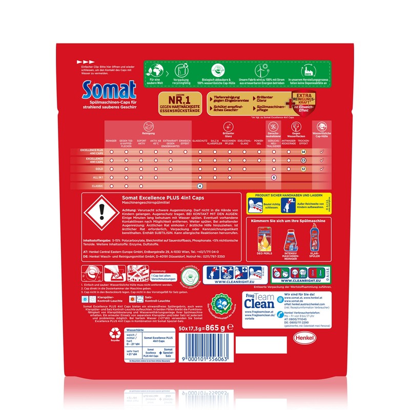 Somat Excellence Plus 4-in-1 Caps (50 Caps), Dishwasher Tablets in