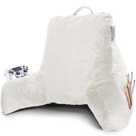 Clara Clark Reading, Shredded Memory Foam Rest Arms and Pockets Back Pillow for Sitting in Bed for Kids Teens & Adults, Standard, White