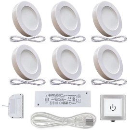 VST Under Cabinet Lights Plug in with Wired Touch Dimmer Switch,Recessed or Surface Mount,Natural White 3000K 12V 2W(12W Total, 60W Equivalent),6 Pack White Puck Lights Fixtures