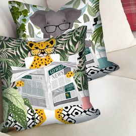 Bathroom Animals Picture Cushion Covers Zebra Read Newspaper Pillow Covers Decorative 18x18inch Set of 4 Modern Style Art Pillow Covers Leopard Elephant Throw Pillow Cases for Sofa Living Room Gift