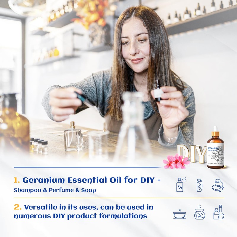 HIQILI 100ML Geranium Essential Oil for Skin, Diffuser & Candle,