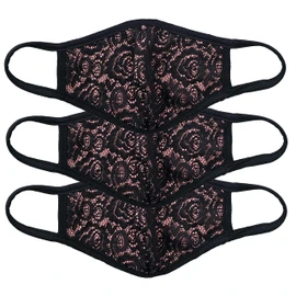 Econo High - Women Fashion Rusty Rose Floral Lace Face Mask Cover Made In USA Washable Triple Layer- 3 PACK (Black Eyelet Floral)