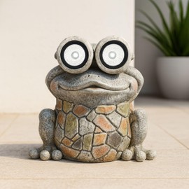 Sagebrook Home Decorative Frog Statue with Solar Goggles for Garden Decor - Figurine for Front Porch, Patio Accent, and Backyard Decor - Garden Yard Art for Flower Bed or Sunroom - 12", Gray & Yellow