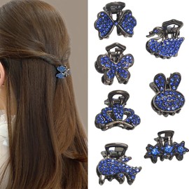 7 Pcs Mini Metal Hair Claw Clips Blue Rhinestone Hair Jaw Clamps Vintage Claw Hair Clips Non-Slip Hair Grips Hair Accessories Holiday Party Gift