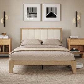HOMCOM Full Size Bed Frame with Upholstered Headboard, Platform Bed Frame with Wooden Slats, No Box Spring Needed, Easy Assembly, Oak