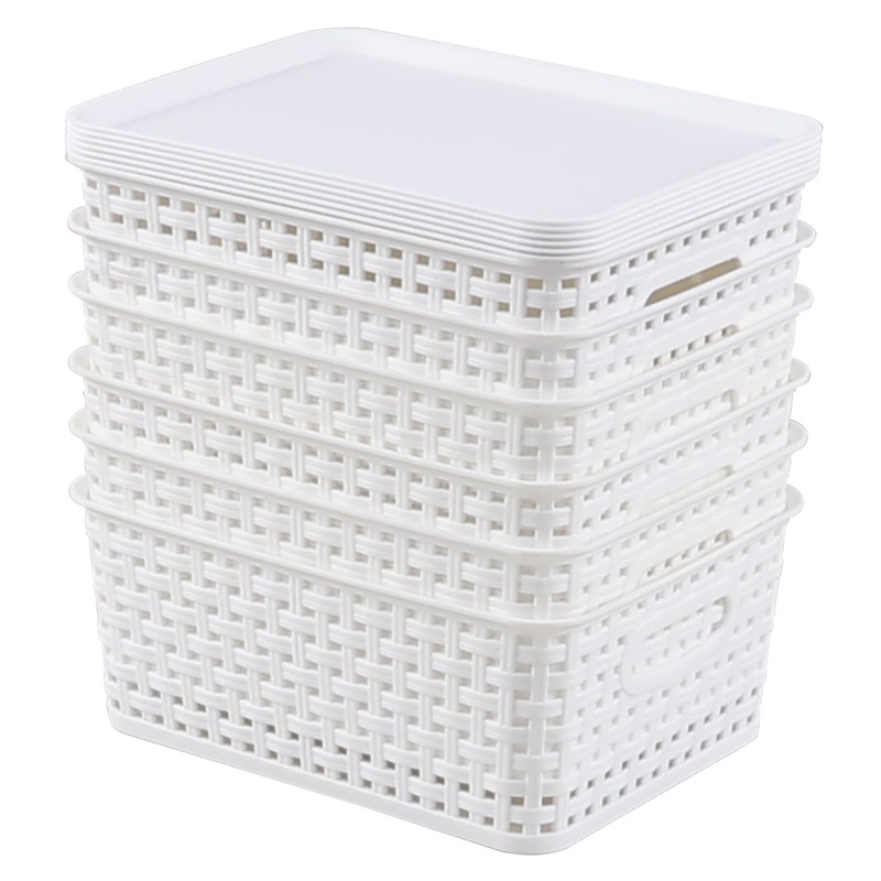 6-Pack Plastic Storage Basket with Lid, Small Organizer Bin, White