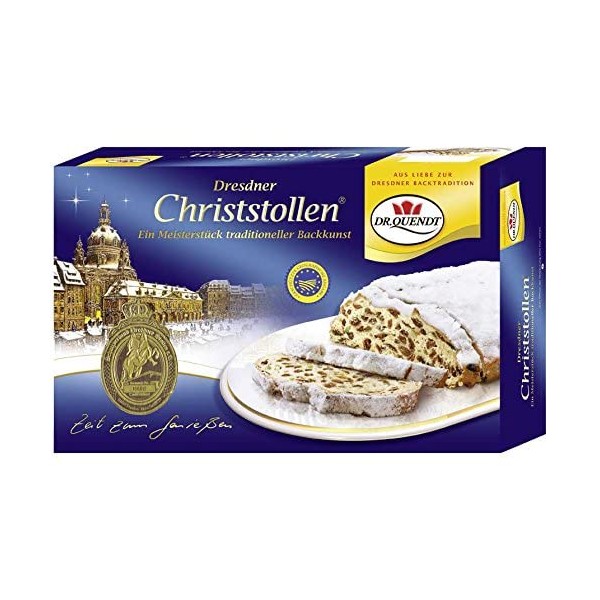 Dr. Quendt Christstollen Traditional Stollen Recipe Iconic Holiday Sweet Bread Heavy Yeast Dough with Butter, Rum Raisins, Cake is Densely Coated in Confection Sugar, Imported from Germany 1kg