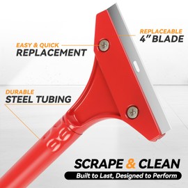 13" Floor Scraper Blade Kit with 4" Replacement Blade Nonslip Grip, Removes Wallpapers, Decals, Stickers, Cleans Debris, Red