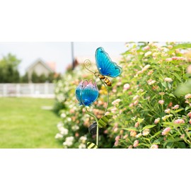 TERESA'S Collections Flower Yard Decorations Outdoor, 42'' Blue Glass Butterfly Solar Outdoor Lights Garden Decor for Outside, Metal Yard Art Garden Stake Decorative for Patio Decor,Gifts for Mom