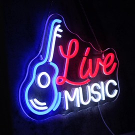 Virlusy Live Music Neon Sign for Wall Decor Dimmable Led Lights Signs Music LED Signs for Music Studio Guitar Neon Light Room Decor for Bar Concert Live House Party Man Cave Decoration Gift