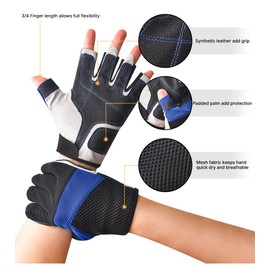 ChinFun Sailing Gloves 3/4 Finger Padded Palm Mesh Back for Comfort for Kayaking Fishing Paddling Canoeing Rowing Boaters Workout Gloves for Men Women Youth Kids Blue XL