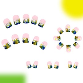 Flowers Press on Nails Short Square Fake Nails Spring Floral Acrylic Nails with Blue Green Gradient Artificial Nails French False Nails for Women Manicure Nails Decoration 24Pcs