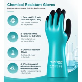 JDL Heavy-Duty Nitrile Chemical Gloves with Nylon Lining, Black Sandy Finish, Reusable Rubber Work Gloves, Acid/Alkali/Oil Protection, Non-Slip, Large
