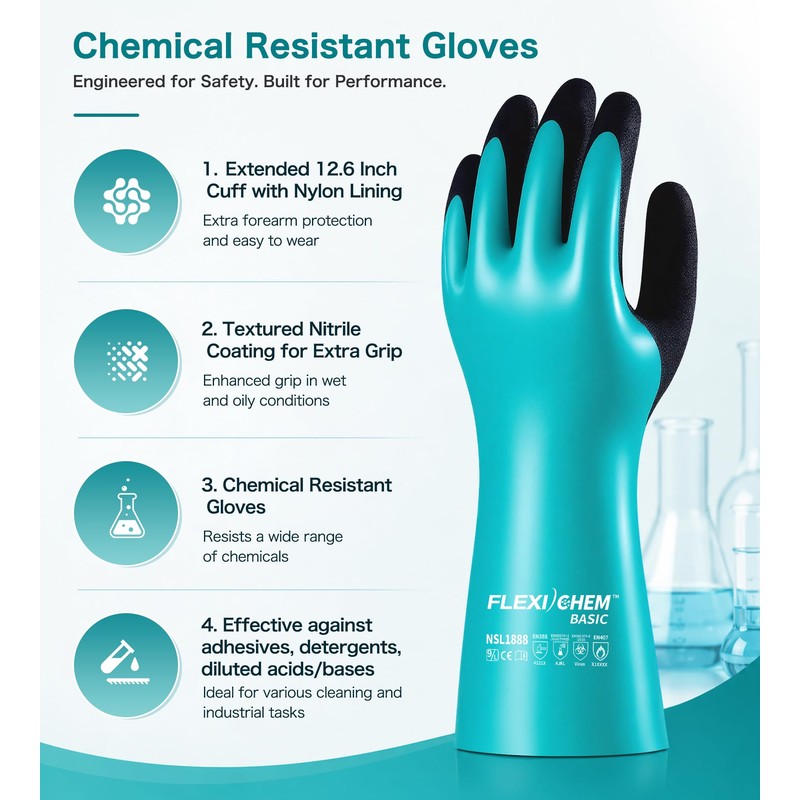 JDL Heavy-Duty Nitrile Chemical Gloves with Nylon Lining, Black Sandy