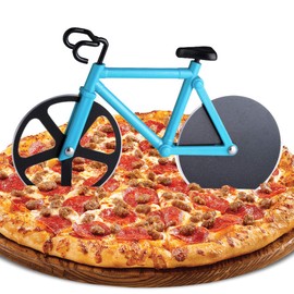 Zawtr Bicycle Pizza Cutter, Stainless Steel Pizza Cutter, Fun Non-Stick Pizza Roller, Double Pizza Cutter with Sharp Cutting Wheel & Stand for Christmas Party Gifts (Blue)