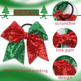 2Pcs Christmas Hair Bows Ties, Red Green Bow Hair Tie for Girls 7 Inch Large Cheer Bows Sequin Cheerleading Hair Bows Ponytail Holders Elastic Hair Ties Bands Xmas Hair Accessories for Women Teen