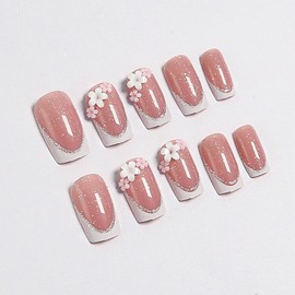 White French Tip Press on Nails Short Square False Nails with 3D Floral Charms Design Glitter Glossy Acrylic Full Cover Stick on Fake Nails for Women Manicure 24Pcs
