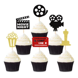Ercadio Paquete de 36 adornos para cupcakes con purpurina para películas, para la noche, para hacer palomitas de maíz, decoración de pasteles de fiesta de cumpleaños