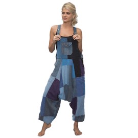 manakamana Mono de verano con bolsillos estilo harén de retazos con bolsillos – Mono suelto Boho – Mono holgado de bajo agachado – 100% algodón, Azul / Patchwork, S-M