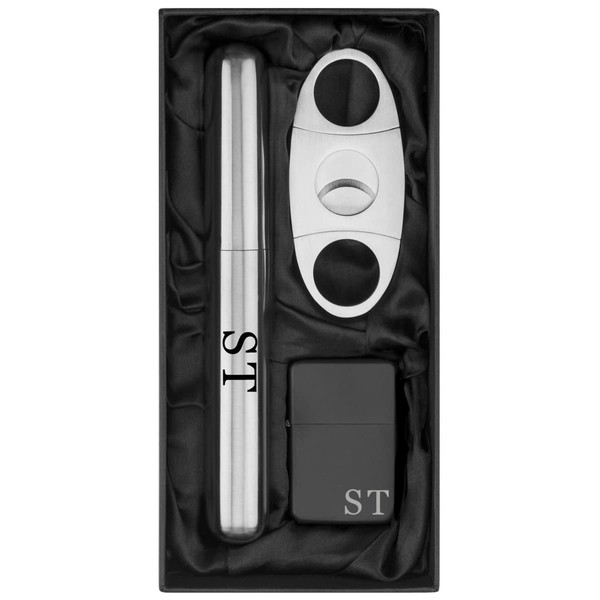 Custom Engraved Stainless Steel Cigar Tube Flask, Cutter, & Lighter