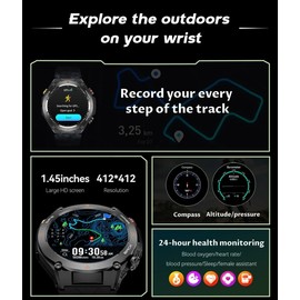 SENBONO GPS Smart Watch 1.45" with Fitness Tracker, Topographic Navigation, Heart Rate Monitor,Built-in in GPS, Black