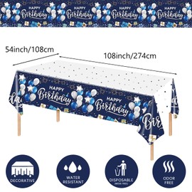 Happy Birthday Tablecloth,Blue Table Cloth Party Disposable for Girls Boys,137 * 274cm Disposable Table Cloths Rectangle Party Table Cover,Plastic Tablecloths Large for Baby Men Women Birthday Party