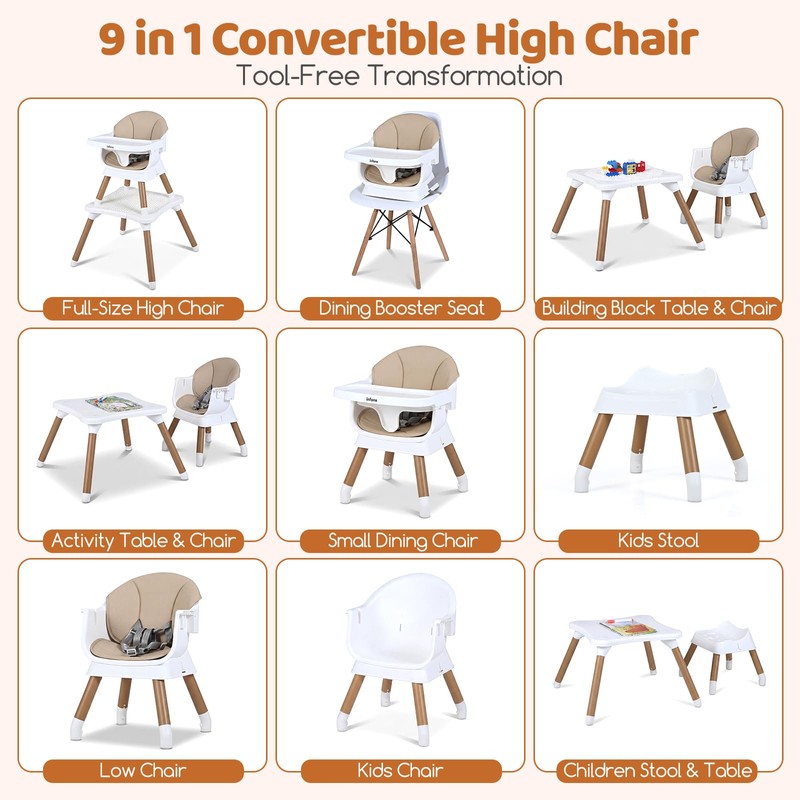INFANS Baby High Chair, 9 in 1 Convertible Highchair for