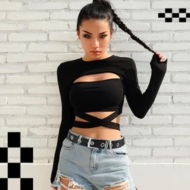 VONMELLI Women Punk Rock Belt for Jeans Dresses Grommet Waist Belt with Chain Hip-hop Style Black M