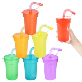 shallyong Pack of 6 Children's Party Cups, Reusable Plastic Cups with Straw and Lid, Children's Party Plastic Cups, Colourful Drinking Cups with Straw for Parties, Festivals, School Events