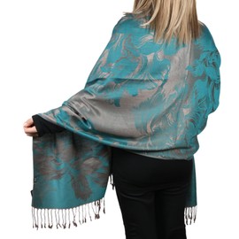 TZ Promise Women's Pashmina Shawls and Wraps Reversible Floral Flower Rave Scarf (Teal)