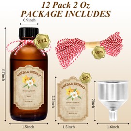NVioAsport 12 Pack 2 Ounce Amber Glass Bottle with Lids Vanilla Extract Homemade Brown Bottle 2 oz and 12Pcs Vanilla Extract Stickers for Syrup Gift Glass Food Storage Canister Set Sauce Beans