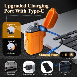 LcFun Electric Lighter - USB C Rechargeable, Windproof, Waterproof Flameless Dual Arc Plasma Lighters with Portable Lanyard for Adventure, Survival Tactical, Camping Gadgets for Men (Orange)