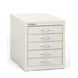 Bisley 5-Drawer Steel MultiDrawer Cabinet - Traffic White, Chrome Pull Handles with Label Holders, Powder-Coated Steel, Removable Drawers, Desktop Storage, Labels Included