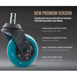 Stealtho Advanced Office Chair Wheels Set 5 Heavy Duty Casters - Silent Rolling Protection Hardwood Floors Carpets No Mat Needed - Soft Navy Polyurethane Standard Replacement 7/16" x7/8" Stem