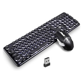Charging Keyboard Mouse, Backlit Gaming Mice and Keyboard Combo Wireless 2.4G USB Drive Free, 12 Multimedia Keys, Ergonomic Anti-ghosting, Retro Punk Round Keycaps for Office Gaming Use (Black-White)