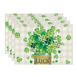 Artoid Mode Buffalo Plaid Luck Shamrock St. Patrick's Day Placemats Set of 4, 12x18 Inch Seasonal Table Mats for Party Kitchen Dining Decoration
