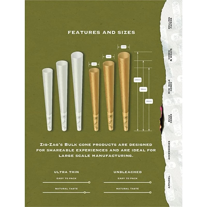 Zig-Zag® Unbleached Paper Cones 70mm Minis Size 200 Pack &