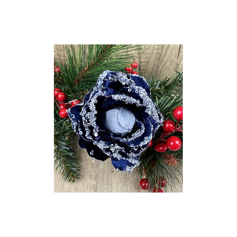 BWG Clip On Midnight/Navy Blue Rose Flower Christmas Tree Decorations
