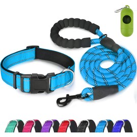 Dynmeow Reflective Dog Collar and Leash Set, 6FT Strong Climbing Rope Leash with Padded Handle, Adjustable Pet Collar with Soft Neoprene Padding for Small Medium Dogs (Blue,S)