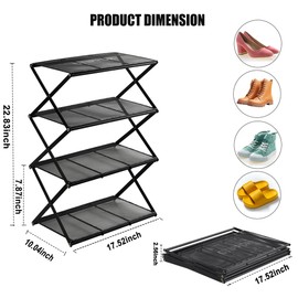 GTIPPOR Shoe Rack for Entryway 4 Tier Foldable Shoe Rack Without Assembly Collapsible Metal Shoe Organizer Folding Shoe Storage Rack, Sturdy Shoe Rack for Door, Living Room, Black