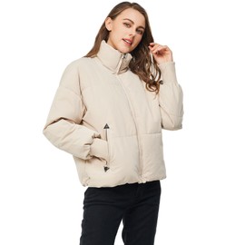 TRATENBY Women's Winter Pockets Baggy Short Down Jacket Cropped Puffer Long Sleeve Zip Coats-T-513-Khaki-XL