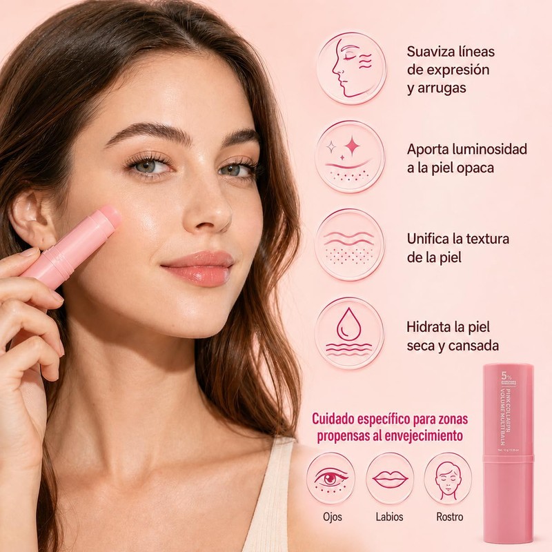 2Pzs Pink Collagen Volume Multi Balm Stick,Barra Hidratante Con Colágeno