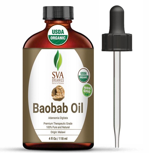 SVA ORGANICS Baobab Oil Organic USDA 4 Oz Pure Natural Unrefined Oil for Smooth Skin, Moisturizer, Hair Care, Long Hair, Nails, Hand, Foot & Body Massage