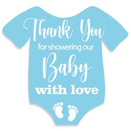 Cute Thank You for Showering Our Baby with Love Blue Baby Onesie Shaped Boy Baby Shower Thank You Stickers Labels for Boy Baby Shower Birthday Party Favor Label Decorations(10 in,80 Labels)