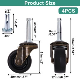 SWZHAI 1.5 Inch Swivel Casters Set of 4, M8 Grips Neck Stem Caster Wheels, Heavy Duty Antique Brass Caster with Rubber Wheel for Furniture Sofa Chair Cabinet