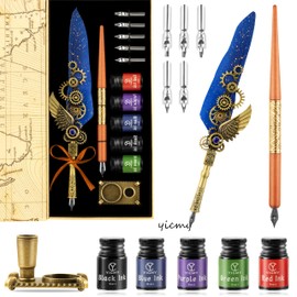YICMY Feather Pen and Ink Set Calligraphy Kit for Beginners with Quill Pen, Antique Vintage Stationary Set for Writing, Signing & Hand Lettering Art