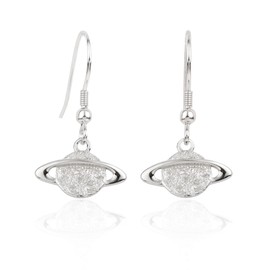 White Gold Plated 925 Sterling Silver Hammered Planet Saturn Earrings Dangling